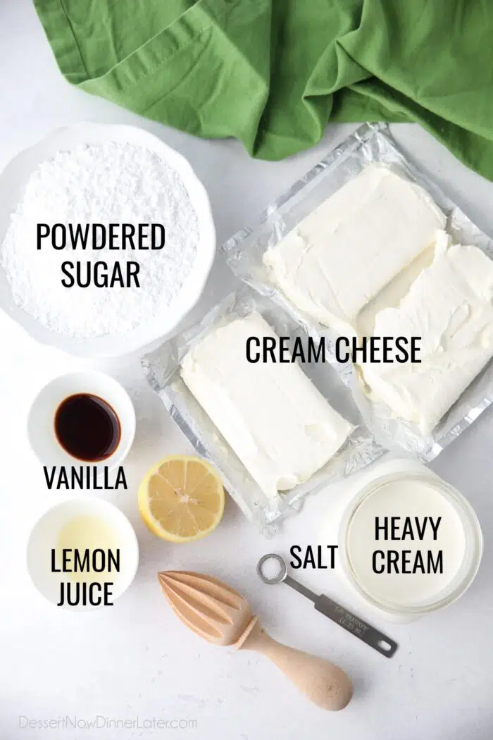 Ingredients for no bake cheesecake filling: cream cheese, powdered sugar, salt, vanilla, lemon juice, and heavy cream.