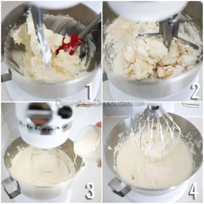 Collage steps to make no bake cheesecake filling. 1- Beat cream cheese in stand mixer with paddle attachment. 2- Add powdered sugar, salt, vanilla, and lemon juice. Mix. 3- Switch to whisk and slowly add heavy cream while mixing. 4- Whip until filling is thick and stiff.