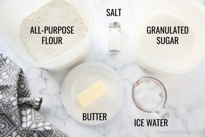 All Butter Pie Crust Ingredients: Flour, salt, sugar, butter, ice water.