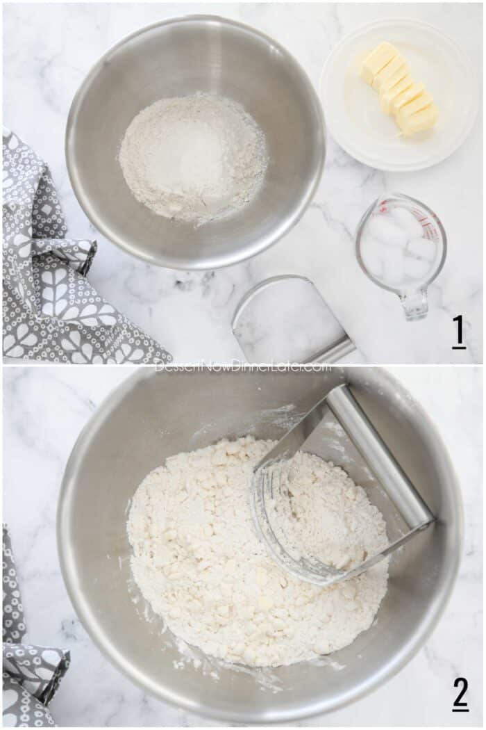 Pie Crust Steps 1-2. Stir dry ingredients together in bowl. Add slices of butter and use a pastry blender to cut butter into the flour mixture until pea size pieces.