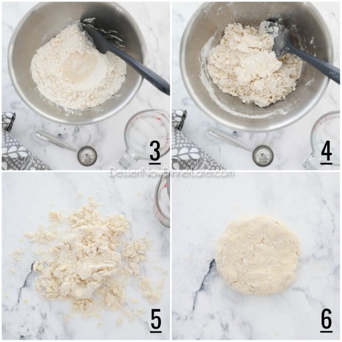 Pie Crust Steps 3-6. Add water. Mix in bowl. Empty on counter. Shape into a flat round disc.