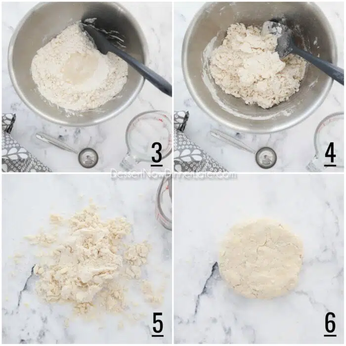 Pie Crust Steps 3-6. Add water. Mix in bowl. Empty on counter. Shape into a flat round disc.