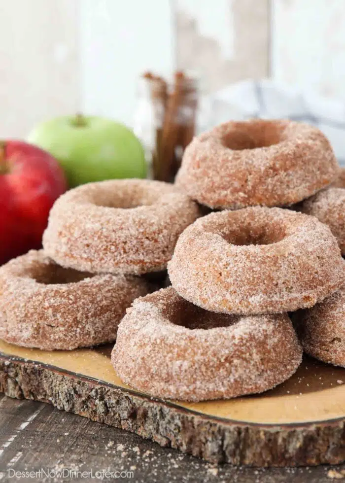 Close up view of cinnamon-sugar coating on the outside of baked donuts.