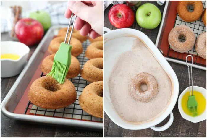 Baked donuts being brushed with butter, then coated in cinnamon-sugar.