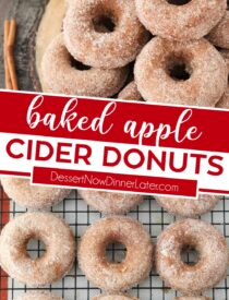 Pinterest collage for Baked Apple Cider Donuts with two images and text in the center.