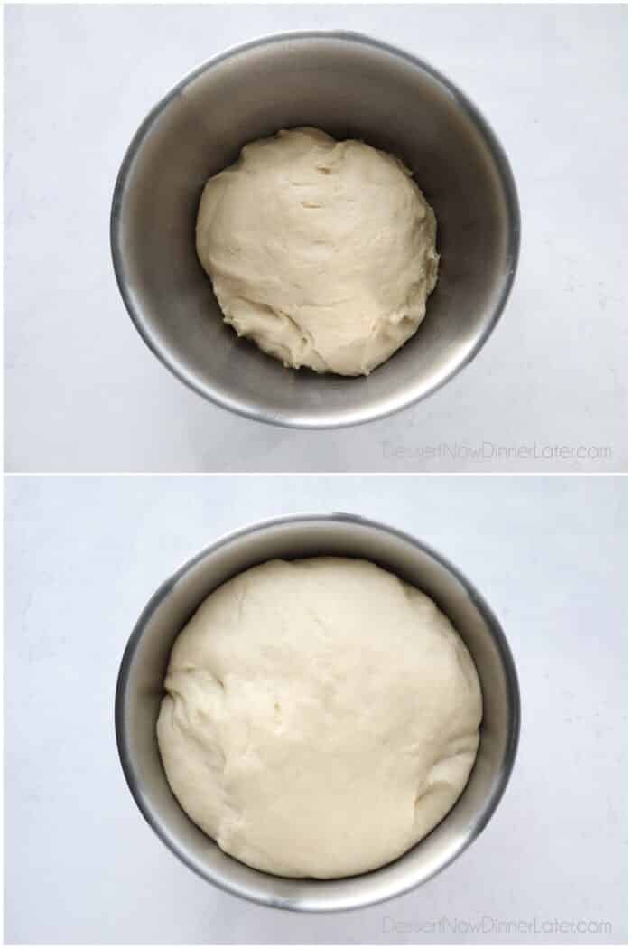 Two image collage. Top: Dough in bowl just after mixing. Bottom: Dough in bowl after rising.