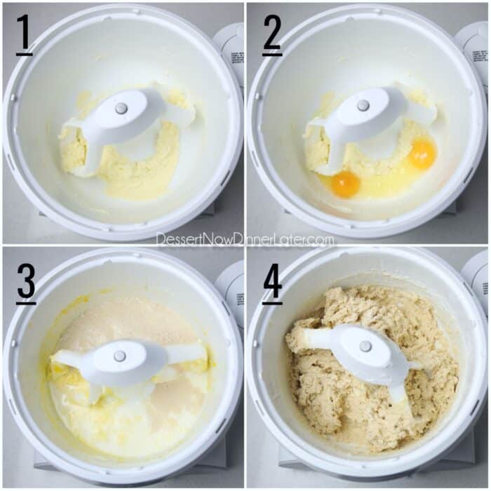 Four image collage. 1- Cream butter and sugar in mixer with the paddle attachment. 2- Add eggs and mix well. Scrape bowl. 3- Add milk, salt, and yeast mixture. 4- Add flour and mix until just combined. Then switch to dough hook.