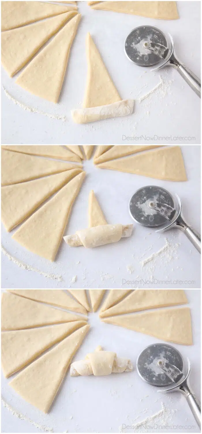 Three image collage. Showing the progression of a dough triangle being rolled into a crescent from the bottom two corners up to the tip.