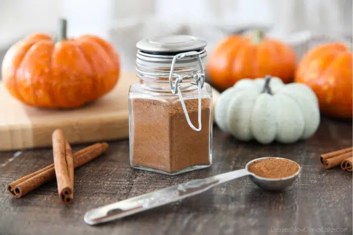 Closeup of a jar of DIY pumpkin pie spice.