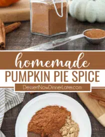 Pinterest collage for Homemade Pumpkin Pie Spice with two images and text in the center.