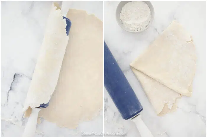 Ways to transfer a pie crust to the pan. Option 1 - Roll the pie dough around the rolling pin. Option 2 - Gently fold the dough in fourths.