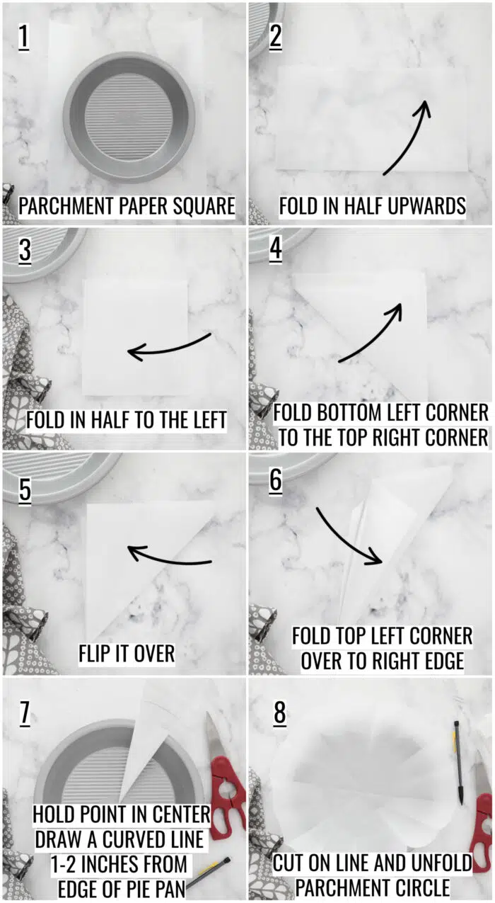 8 image collage with steps for how to make a parchment paper circle.