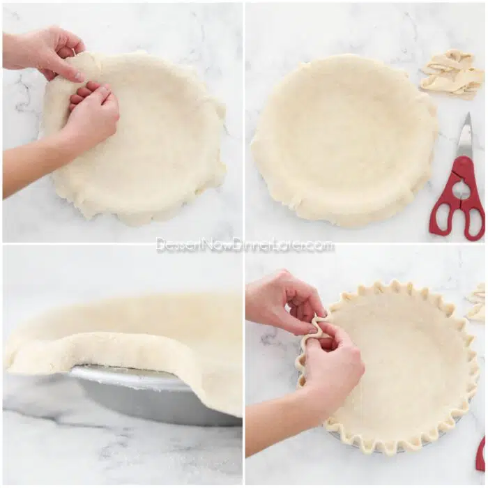 Four image collage. Forming pie dough to shape of pan with knuckles. Excess crust cut off. Tucking overlapping dough underneath edges. Crimping edges with fingers.