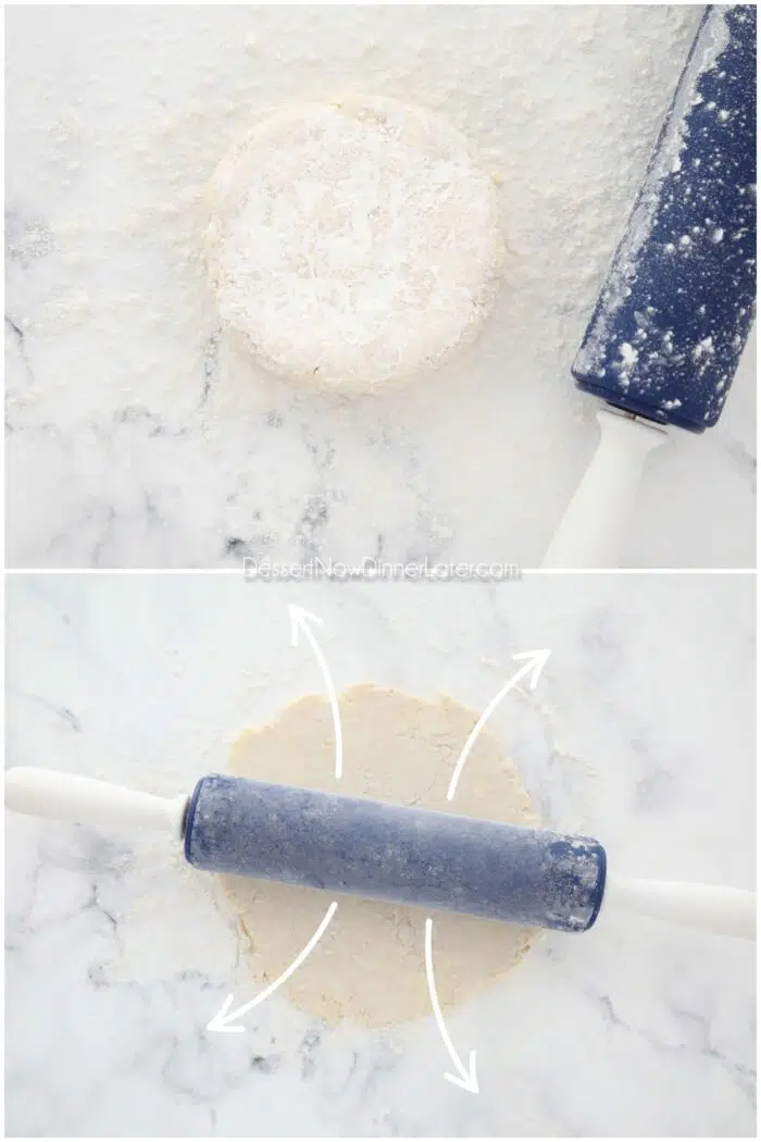Two image collage. Top: Flour covered pie dough ready to roll out. Bottom: Rolling pin with arrows showing to roll pie crust from the center outwards.