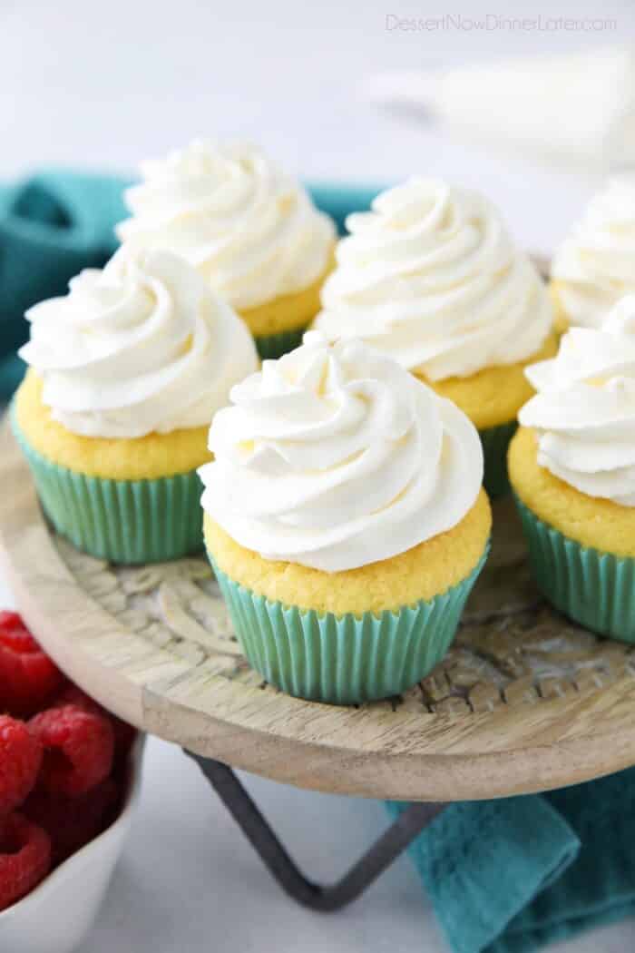 Stabilized Whipped Cream piped on top of cupcakes.
