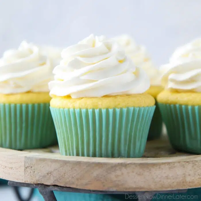 Close up of stabilized whipped cream frosting on top of a cupcake.