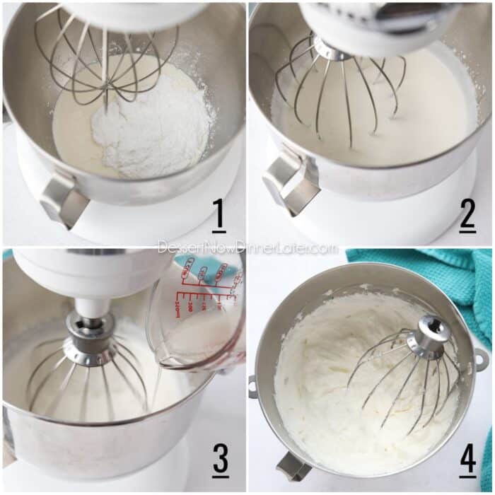 Steps for making stabilized whipped cream (aka homemade Cool Whip). 1- Place heavy cream, powdered sugar and vanilla extract in the bowl of a stand mixer. 2- Using the whisk attachment, beat until mixture is thickened, but not quite soft peaks. 3- Pour gelatin into the cream while the mixer is running on low speed. 4- Slowly increase speed to medium-high and whip until stiff peaks form.