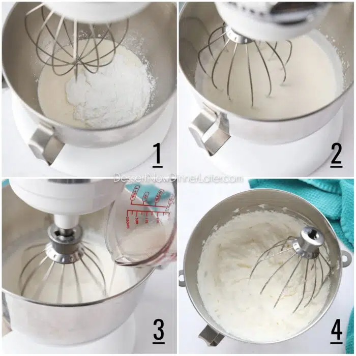 Steps for making stabilized whipped cream (aka homemade Cool Whip). 1- Place heavy cream, powdered sugar and vanilla extract in the bowl of a stand mixer. 2- Using the whisk attachment, beat until mixture is thickened, but not quite soft peaks. 3- Pour gelatin into the cream while the mixer is running on low speed. 4- Slowly increase speed to medium-high and whip until stiff peaks form.