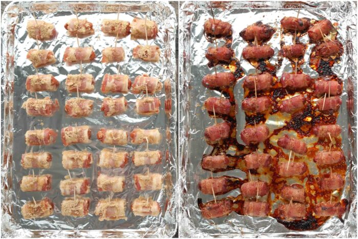 Before and after baking bacon wrapped smokies on a sheet tray with foil.