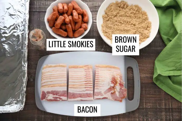 Ingredients for bacon wrapped smokies: little smokies mini sausages, brown sugar, and bacon cut into thirds.