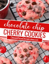 Pinterest collage for Cherry Chocolate Chip Cookies with two images and text in the center.
