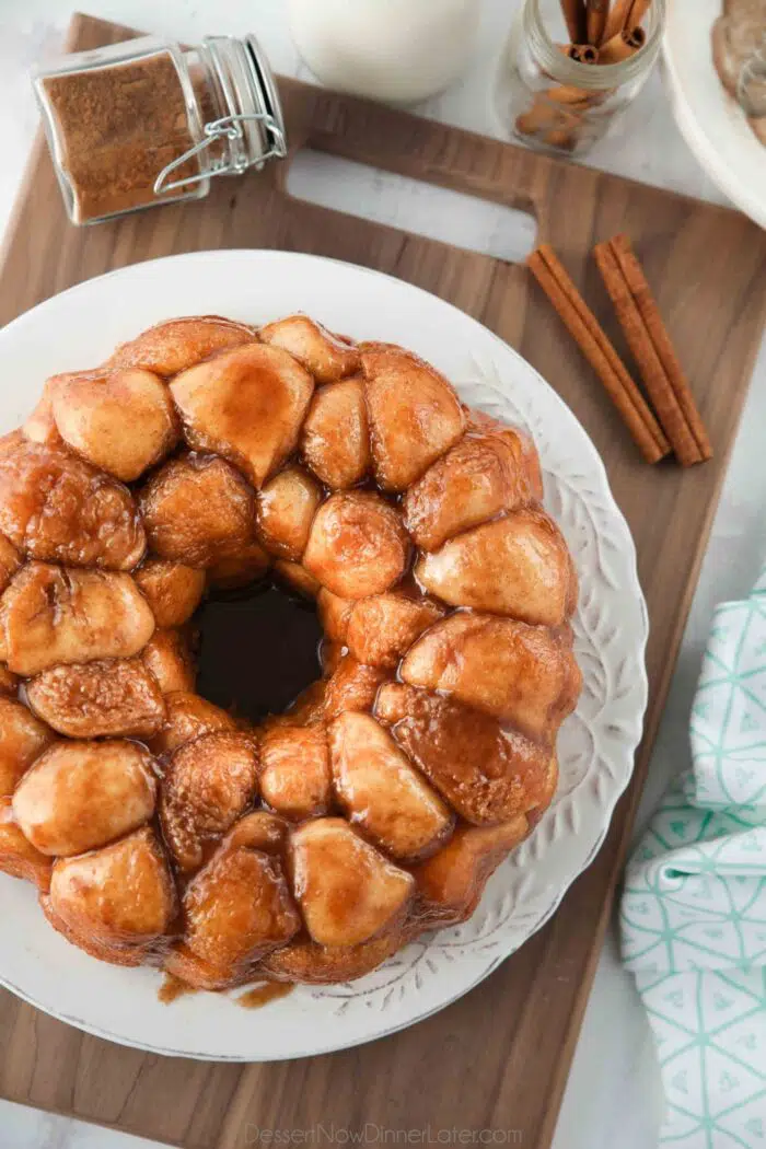 Top view of gooey monkey bread on a plate.