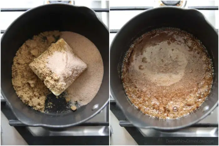 Making caramel syrup with butter, brown sugar, and cinnamon sugar. Melting on stove until a simmer.