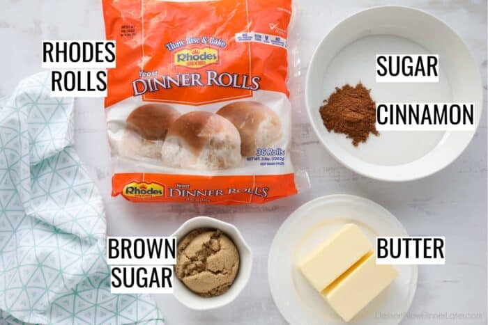 Ingredients for easy monkey bread: Rhodes rolls, sugar, cinnamon, brown sugar, and butter.