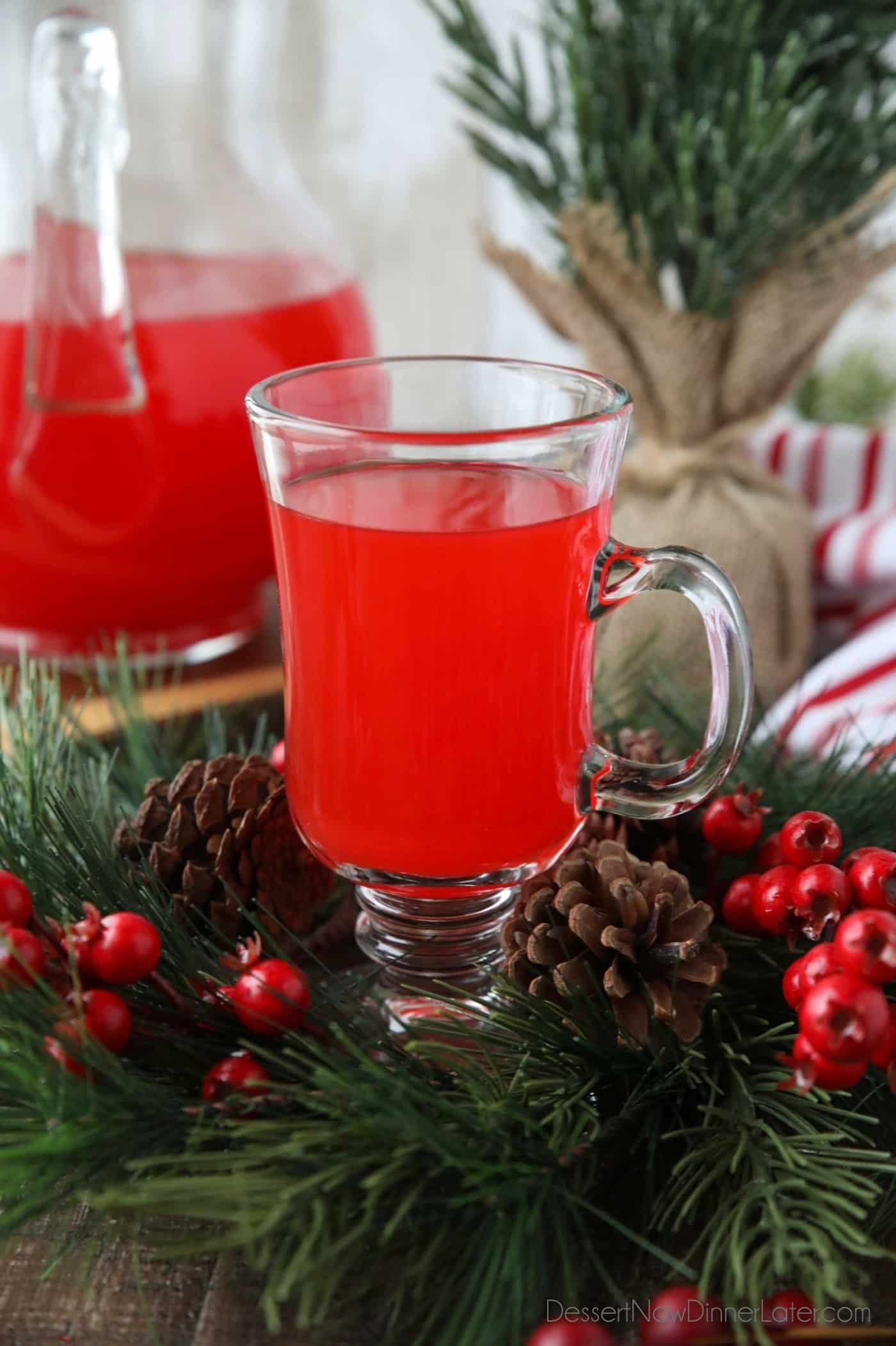 Close up of a glass cup with red holiday punch inside it.