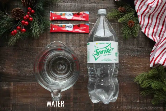 Ingredients for sugar-free holiday punch: Crystal Light fruit punch mix, cold water, and Sprite Zero.