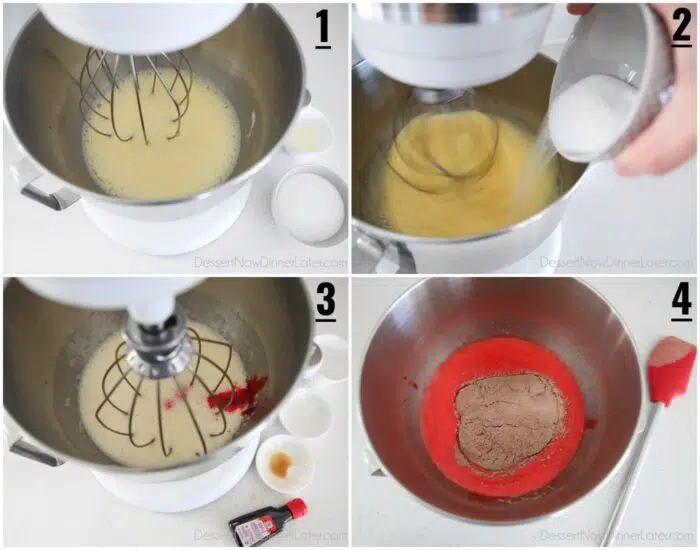 Collage making red velvet cake batter. 1- Whisk eggs until light and foamy. 2- Add sugar and oil. 3- Add buttermilk, vinegar, vanilla, and red food coloring. 4- Stir in flour and cocoa mixture.