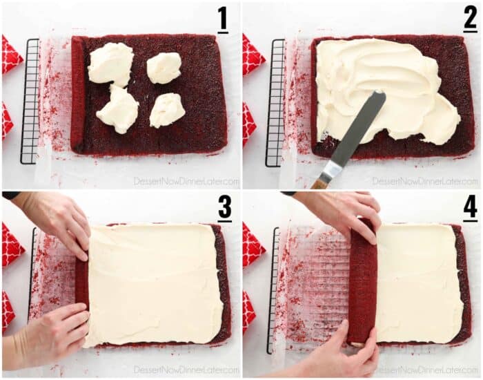 Collage image for spreading frosting and rolling the cake into a log.