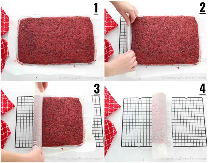Collage of rolling the baked red velvet sheet cake into a log to cool and keep its shape.