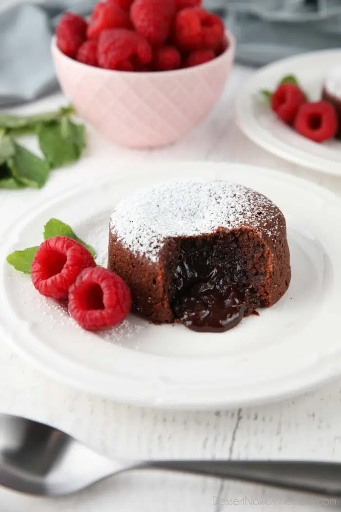 Focus on pudding center of chocolate lava cake.