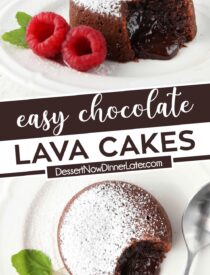 Pinterest collage image for Chocolate Lava Cake Recipe with two images and text in the center.