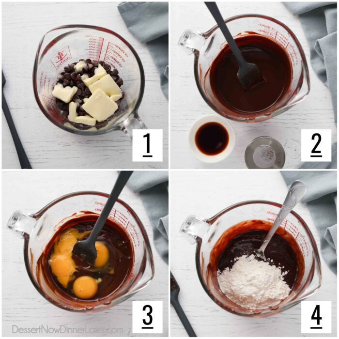Making chocolate lava cakes. 1- Melt chocolate chips and butter in 30-second increments inside of a large glass measuring cup until smooth. 2- Add vanilla and salt. Stir. 3- Mix in eggs and egg yolks. 4- Stir in flour.