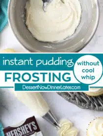 Pinterest collage for Pudding Frosting with two images and text in the center.