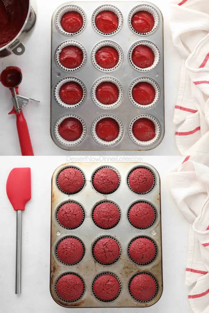 Red Velvet Cupcakes before and after baking.