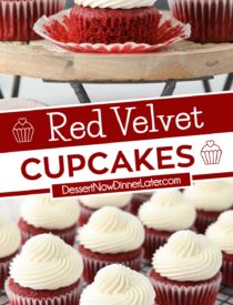 Pinterest collage for Red Velvet Cupcakes with two images and text in the center.