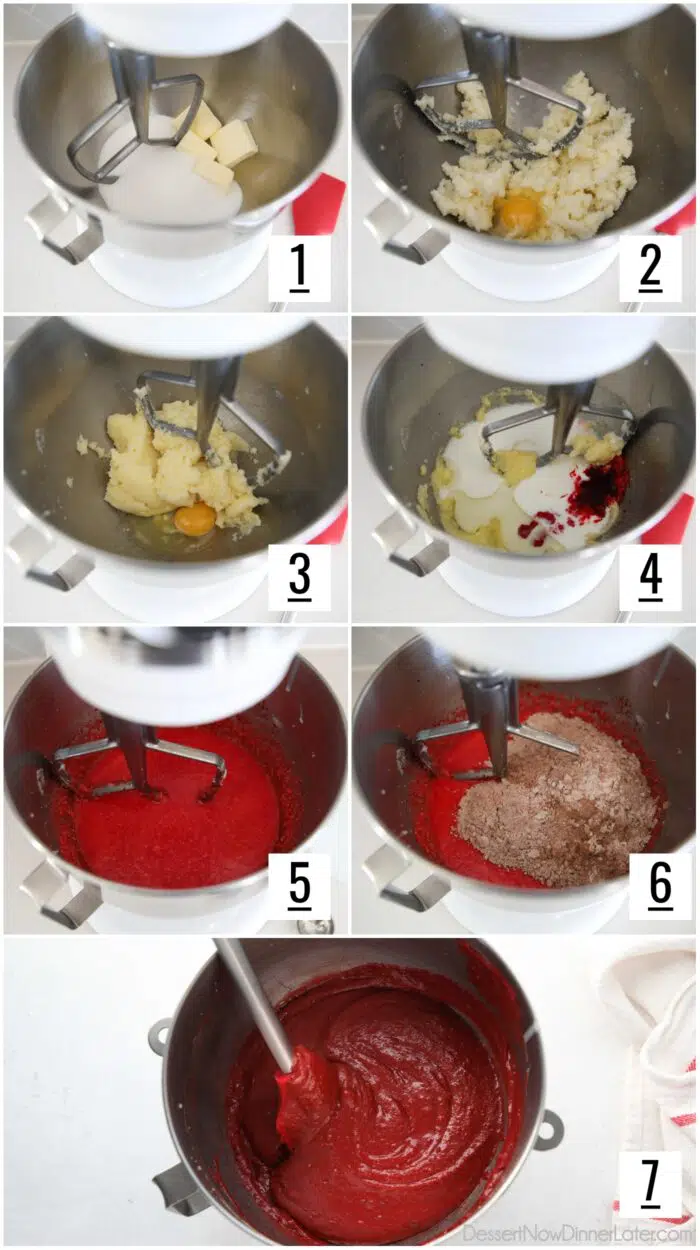 Steps to make Red Velvet Cupcakes. 1- Cream butter and sugar. 2&3- Add eggs one at a time. 4- Add oil, buttermilk, red food coloring, vanilla, and vinegar. 5- Mix to combine. 6- Add sifted dry ingredients. 7- Mix until just incorporated.