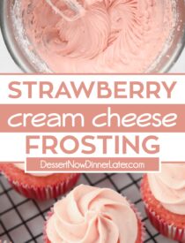 Pinterest collage for Strawberry Cream Cheese Frosting with two images and text in the center.