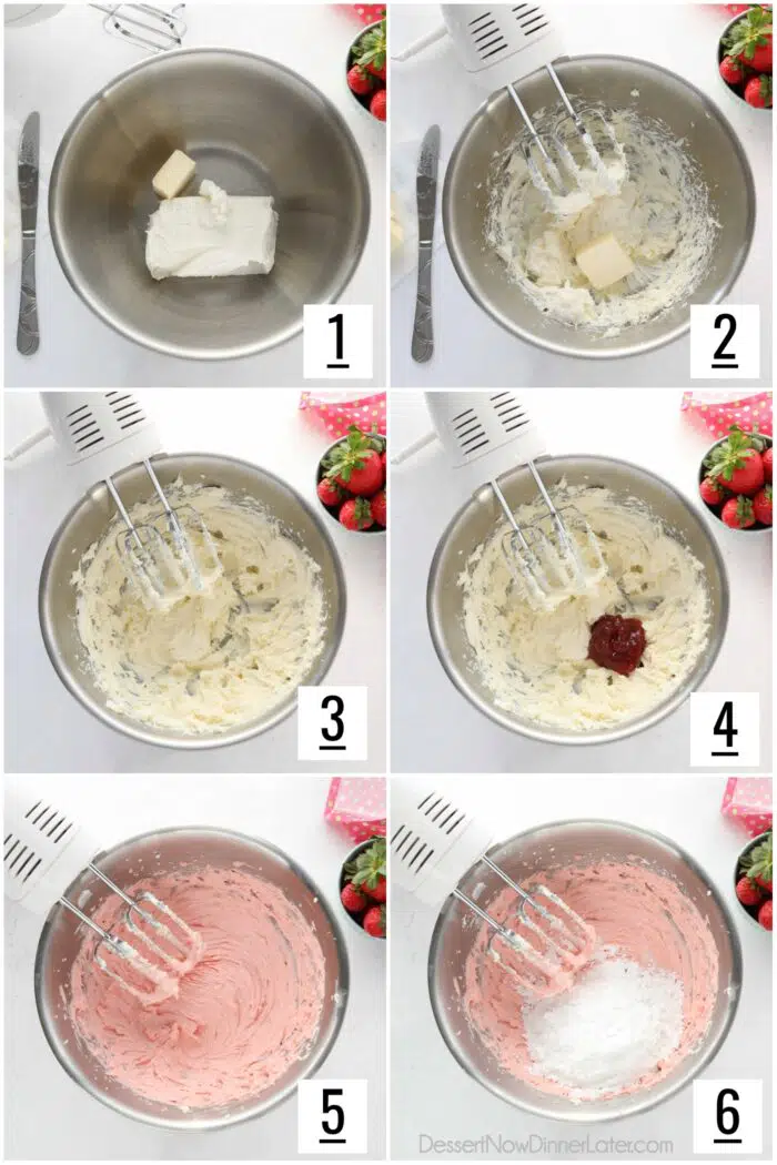 Strawberry Cream Cheese Frosting Steps: 1- Place cream cheese in bowl with 2 Tablespoons of butter. 2- Beat with an electric hand mixer. 3- Add 2 Tbsp of butter at a time and beat until creamy and smooth. 4- Add jam and extract. 5- Mix completely. 6- Add powdered sugar. Mix.