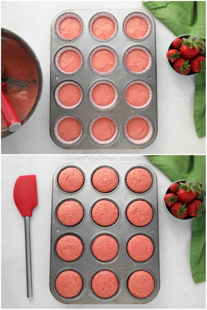 Strawberry Cupcakes Recipe Before and After Baking
