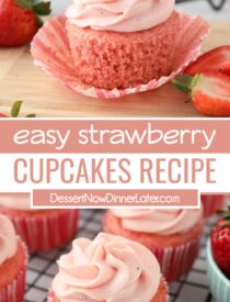 Pinterest collage for easy strawberry cupcakes recipe with two images and text in the center.