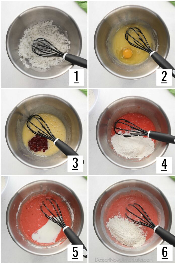 Strawberry Cupcakes Recipe Steps: 1- Whisk the oil and sugar. 2- Add eggs one at a time. 3- Add vanilla, jam and food coloring. 4- Add half the dry ingredients. 5- Add all of the buttermilk. 6- Add the remaining dry ingredients.