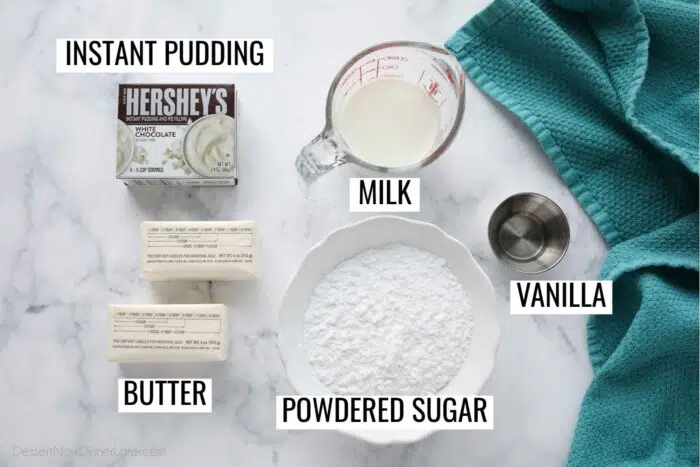Ingredients for pudding frosting: Instant pudding, milk, butter, powdered sugar, and vanilla.