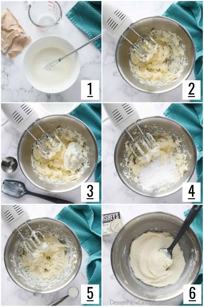 Steps to make pudding frosting. 1- Combine instant pudding mix and milk. 2- Beat butter with an electric mixer. 3- Add pudding and vanilla. Mix. 4- Add powdered sugar. Mix. 5- Add extra milk 1 Tablespoon at a time. 6- Finished frosting in a bowl with a spatula.