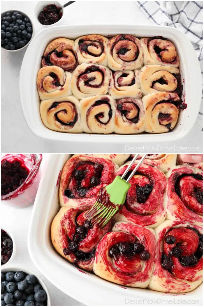 Two image collage. Top: Baked blueberry cinnamon rolls inside pan. Bottom: Top of rolls being brushed with blueberry sauce.