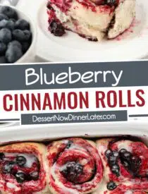 Pinterest collage for Blueberry Cinnamon Rolls with two images and text in the center.