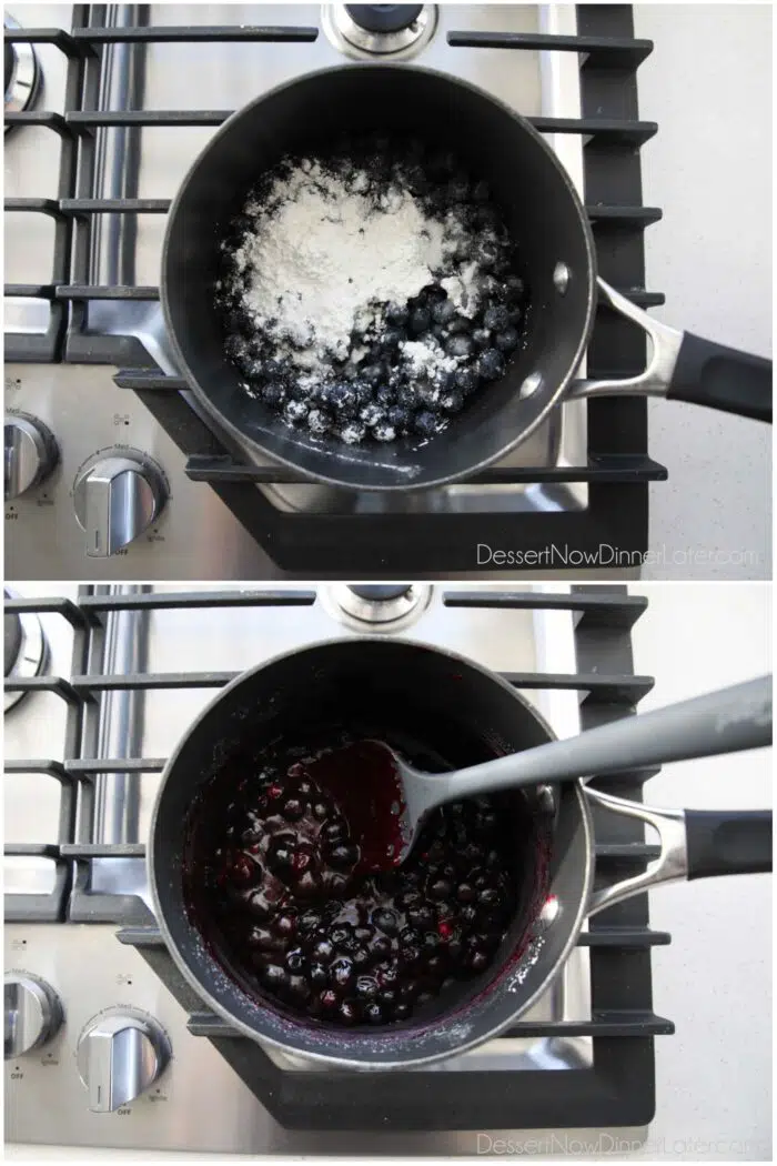 Collage image for blueberry sauce. Top: Blueberries, sugar, corn starch, and lemon juice inside of a saucepan. Bottom: Cooked berries have thickened into a sauce.